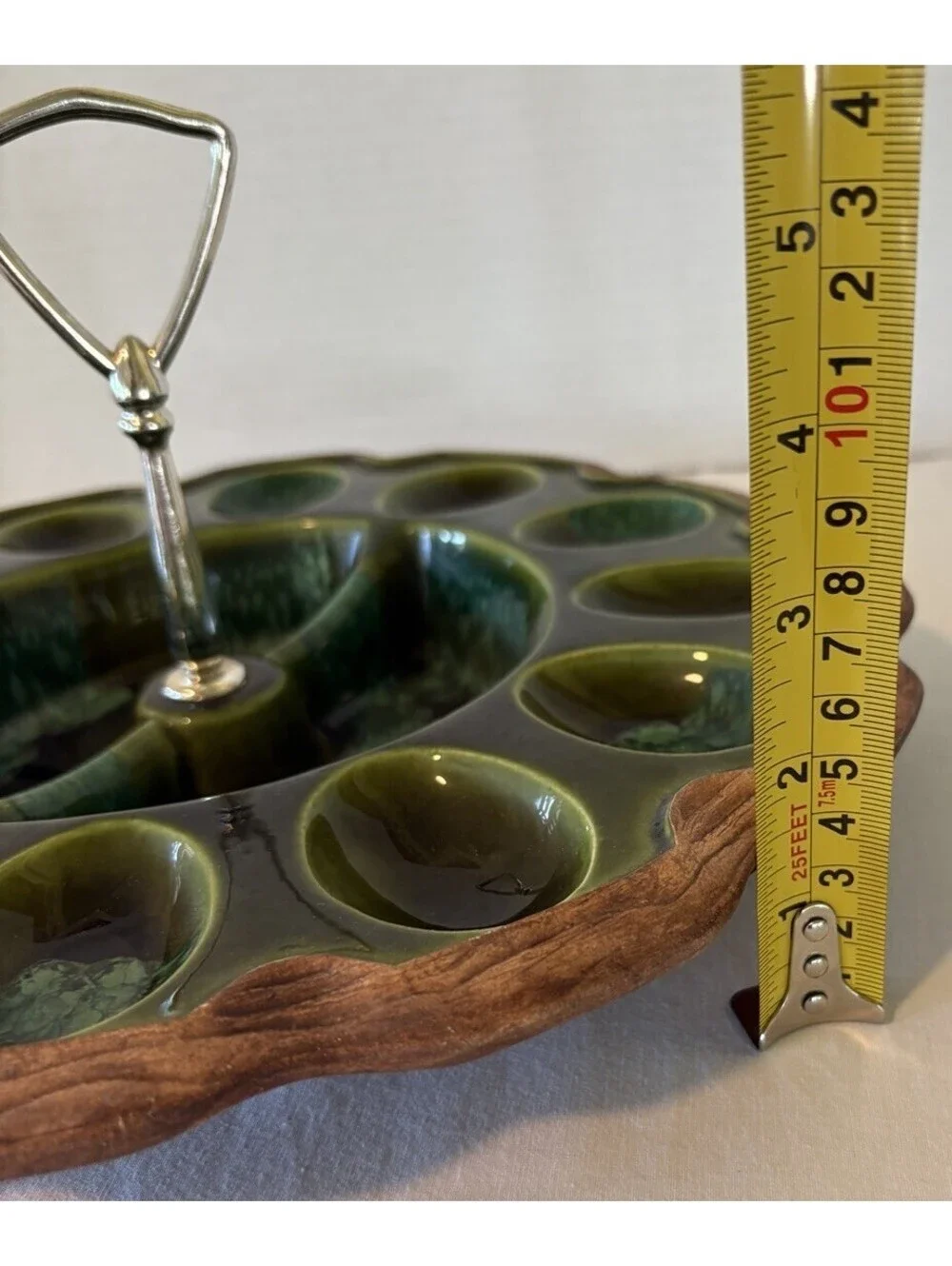 Treasure Craft Ceramic Deviled Egg Relish Tray Green Drip Faux Wood